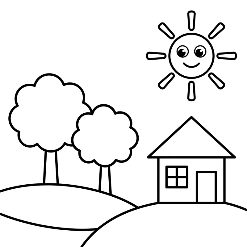 Sonne über Landschaft Malvorlage – Sonne Ausmalbild kostenlos