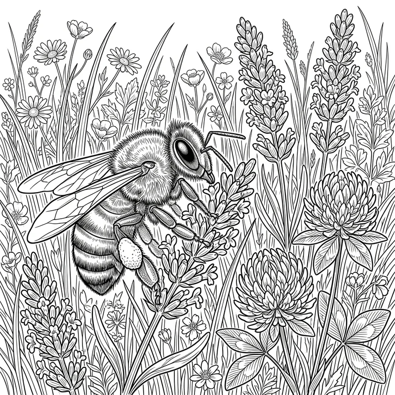 Biene auf Blumenwiese Malvorlage – Biene Ausmalbild kostenlos