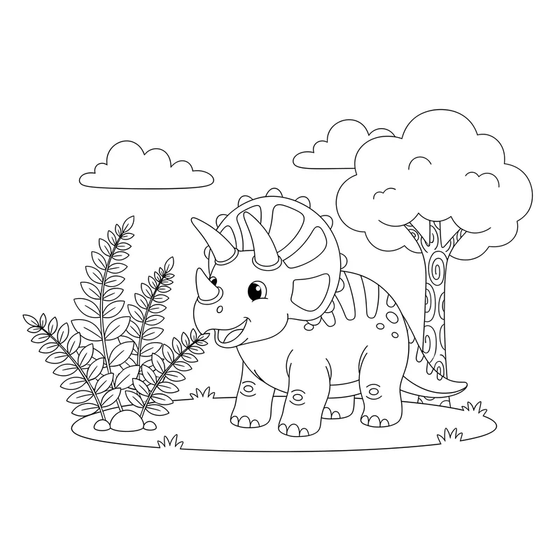 Triceratops mit drei Hörnern und Farnpflanzen zum Ausmalen
