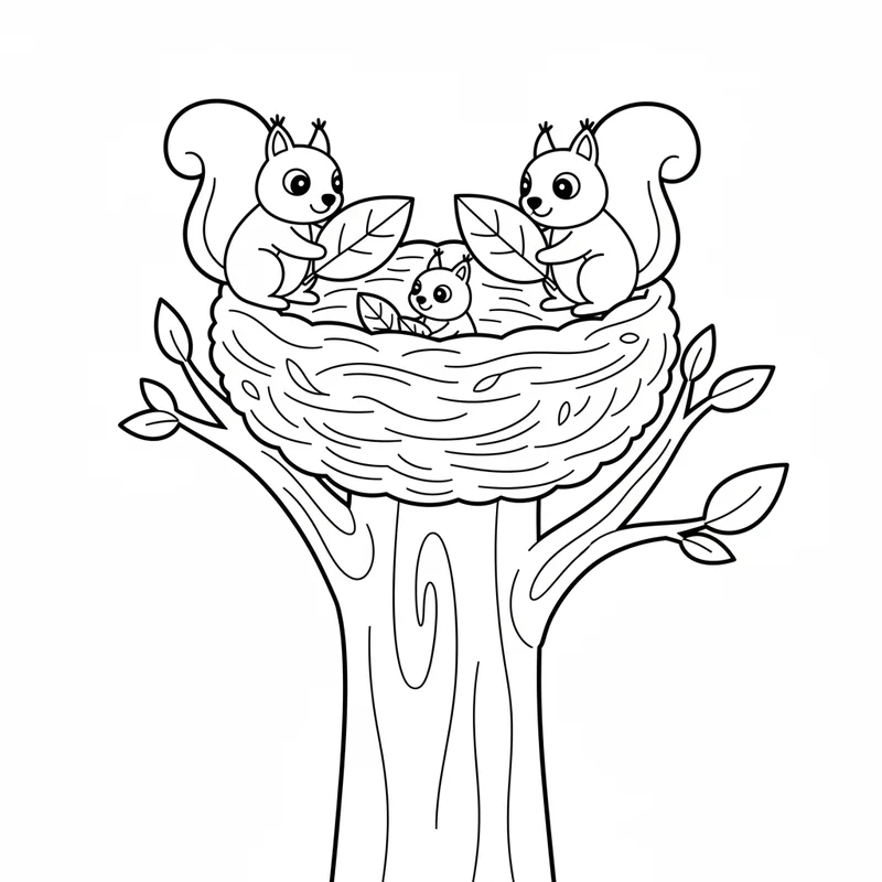 Eichhörnchenfamilie im Nest zum Ausmalen