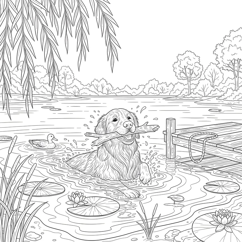 Golden Retriever schwimmt im See mit Stock im Maul zum Ausmalen