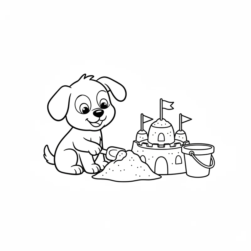 Hund mit Sandburg und Eimer zum Ausmalen