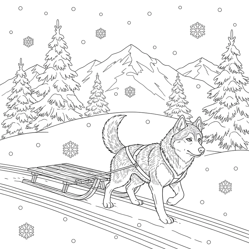 Husky mit Schlitten im Schnee – Winterszene zum Ausmalen