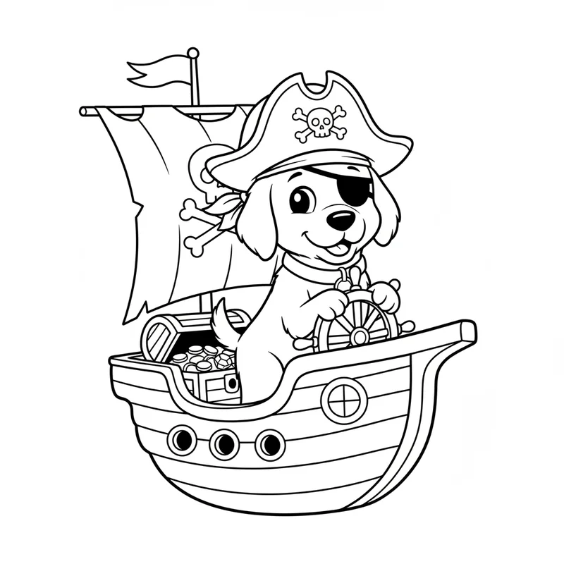 Piratenhund auf dem Schatzschiff zum Ausmalen