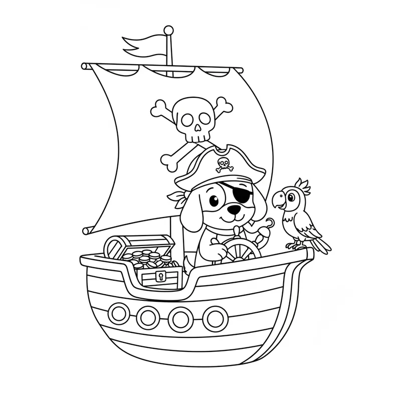 Piratenhund auf Schatzschiff zum Ausmalen