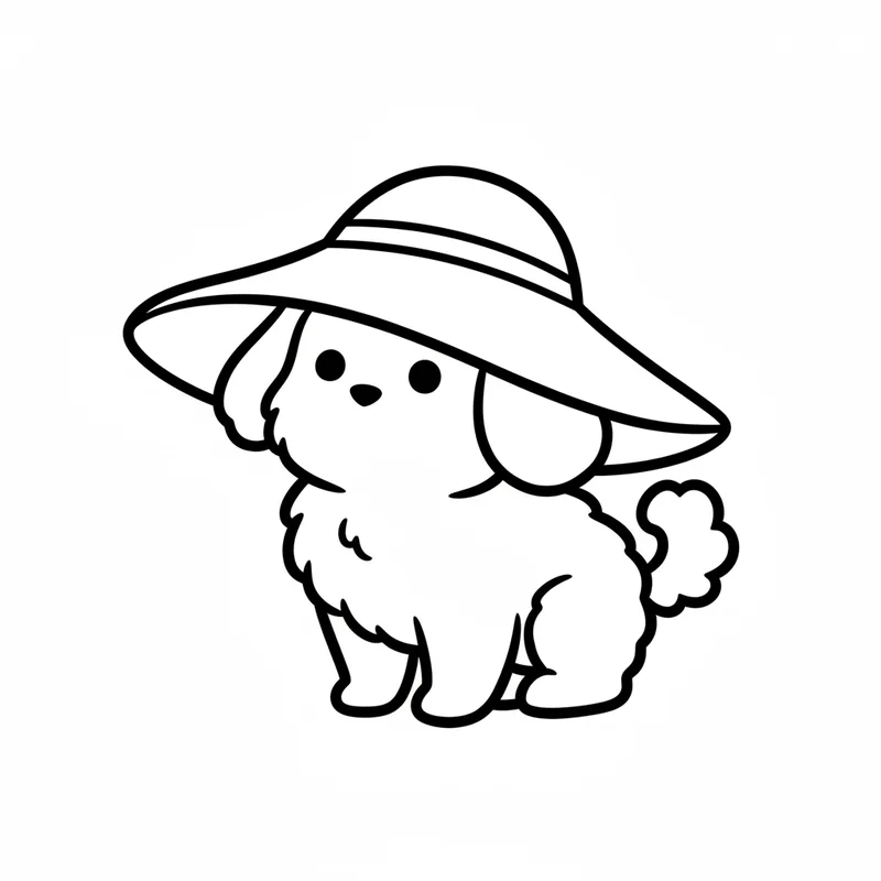 Süßes Hündchen mit großem Hut zum Ausmalen