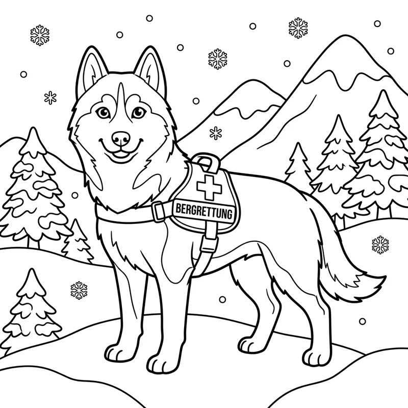 Husky als Bergrettungshund im Schnee – Husky Ausmalbild kostenlos
