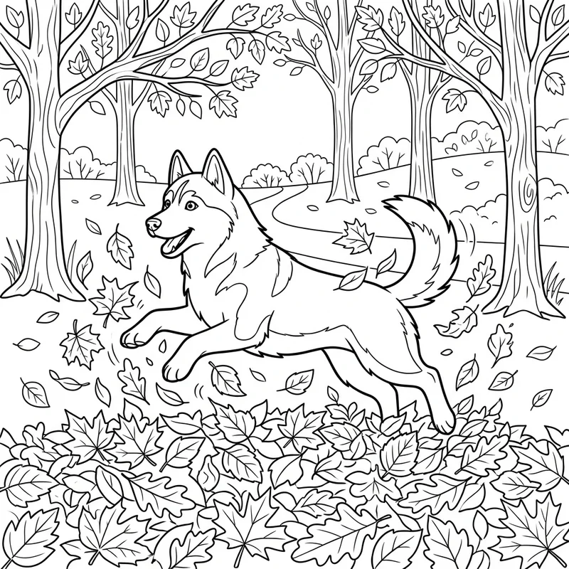 Husky spielt mit Herbstblättern – Husky Ausmalbild kostenlos