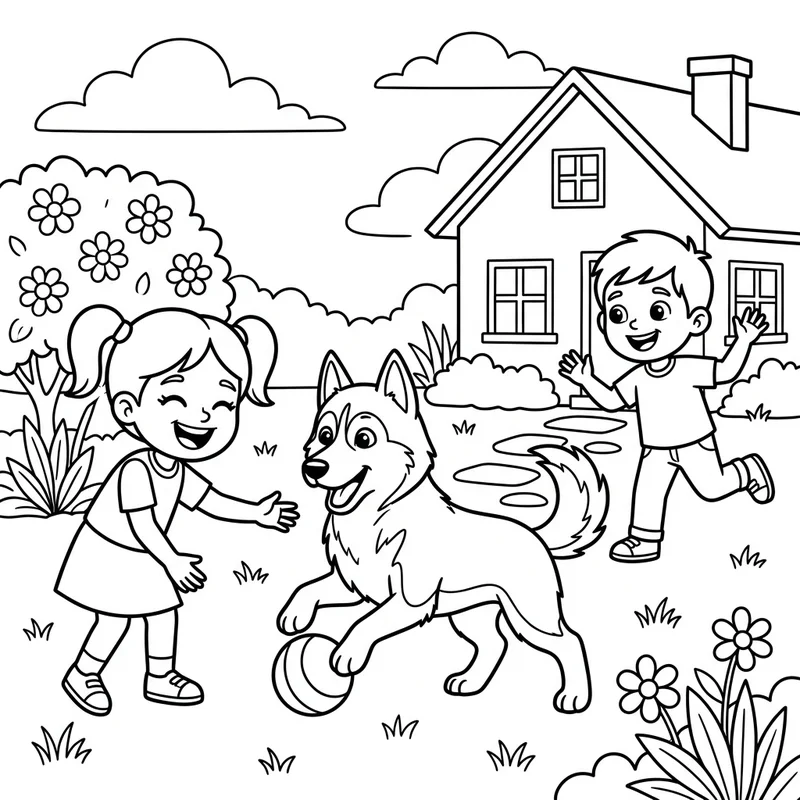 Husky spielt mit Kindern im Garten – Husky Ausmalbild kostenlos