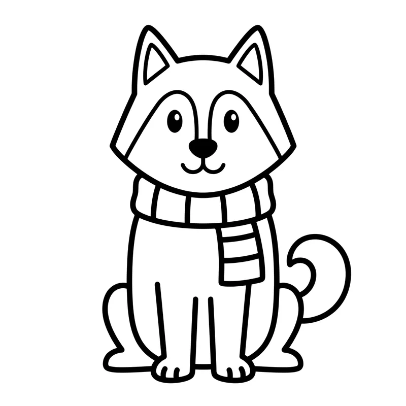 Husky mit buntem Schal – Husky Ausmalbild kostenlos