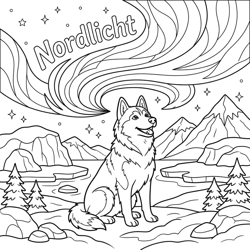 Husky unter dem Nordlicht in der Arktis – Husky Ausmalbild kostenlos