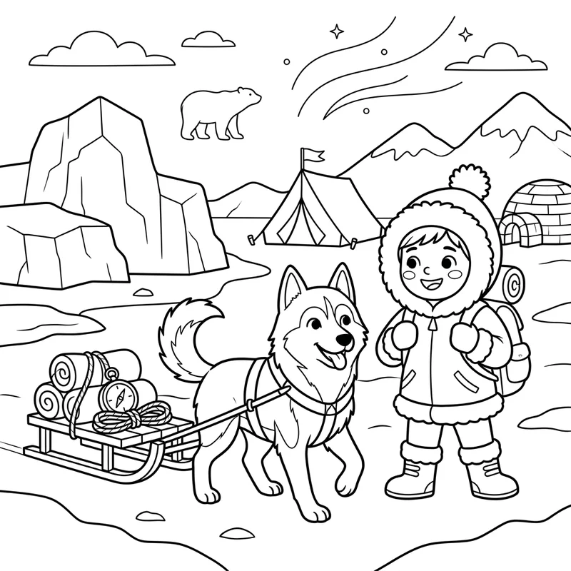 Husky auf Polarexpedition mit Entdecker – Husky Ausmalbild kostenlos