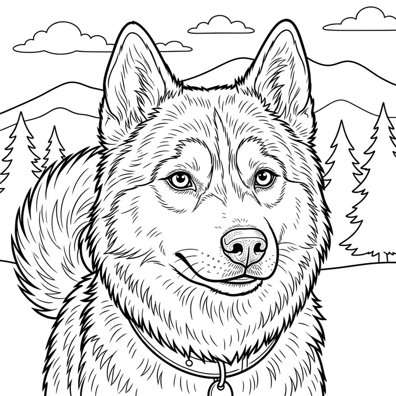 Realistisches Husky Porträt mit detailliertem Fell – Husky Ausmalbild kostenlos
