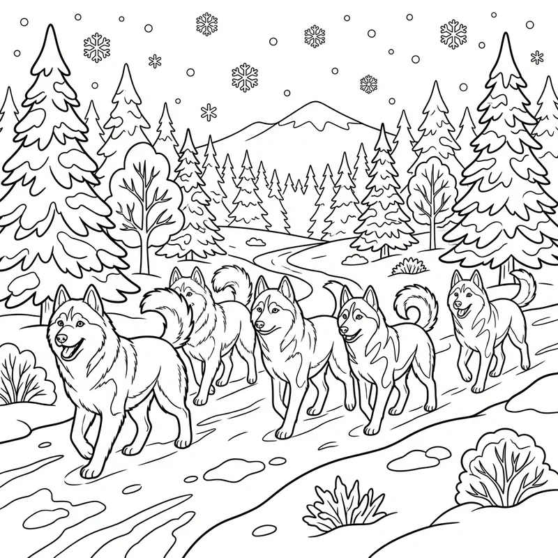 Husky Rudel im Winterwald – Husky Ausmalbild kostenlos