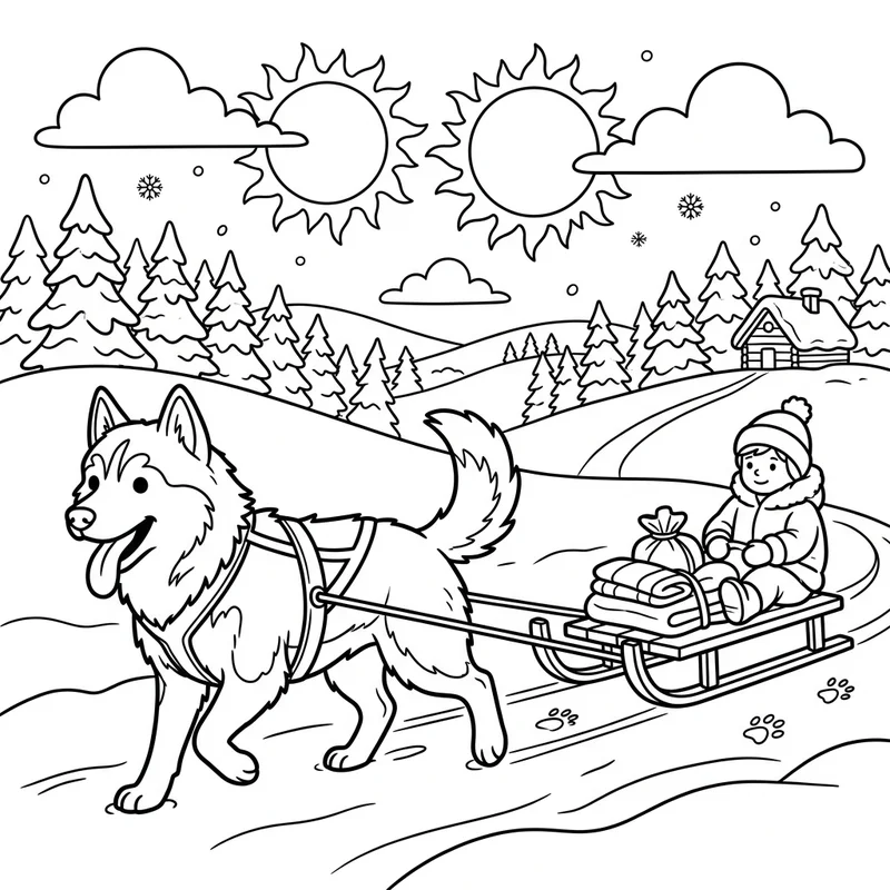 Husky zieht Schlitten durch Schneelandschaft – Husky Ausmalbild kostenlos