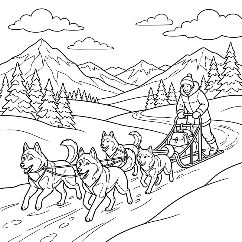 Husky Schlittenrennen in Alaska – Husky Ausmalbild kostenlos