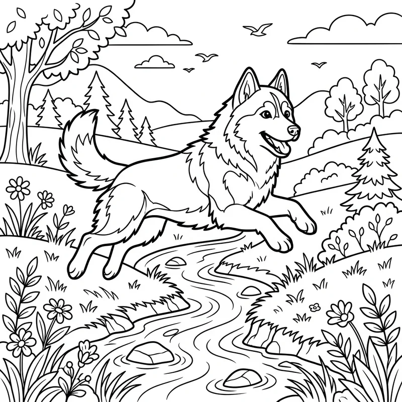 Husky springt über einen Bach – Husky Ausmalbild kostenlos