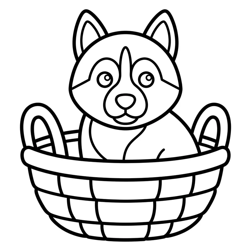 Husky Welpe im Körbchen – Husky Ausmalbild kostenlos