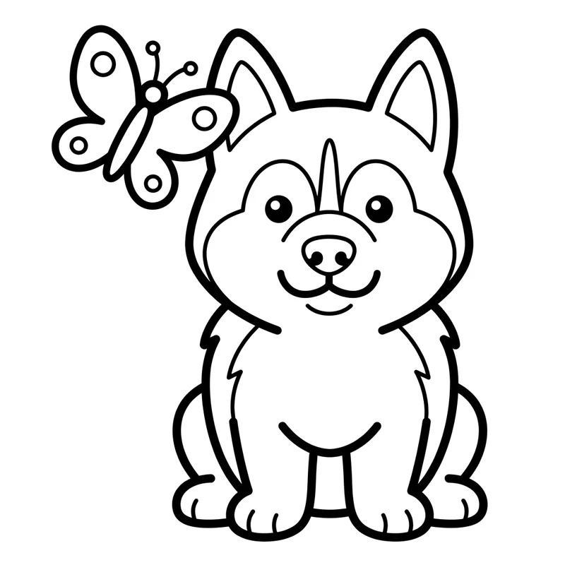 Husky Welpe mit Schmetterling – Husky Ausmalbild kostenlos