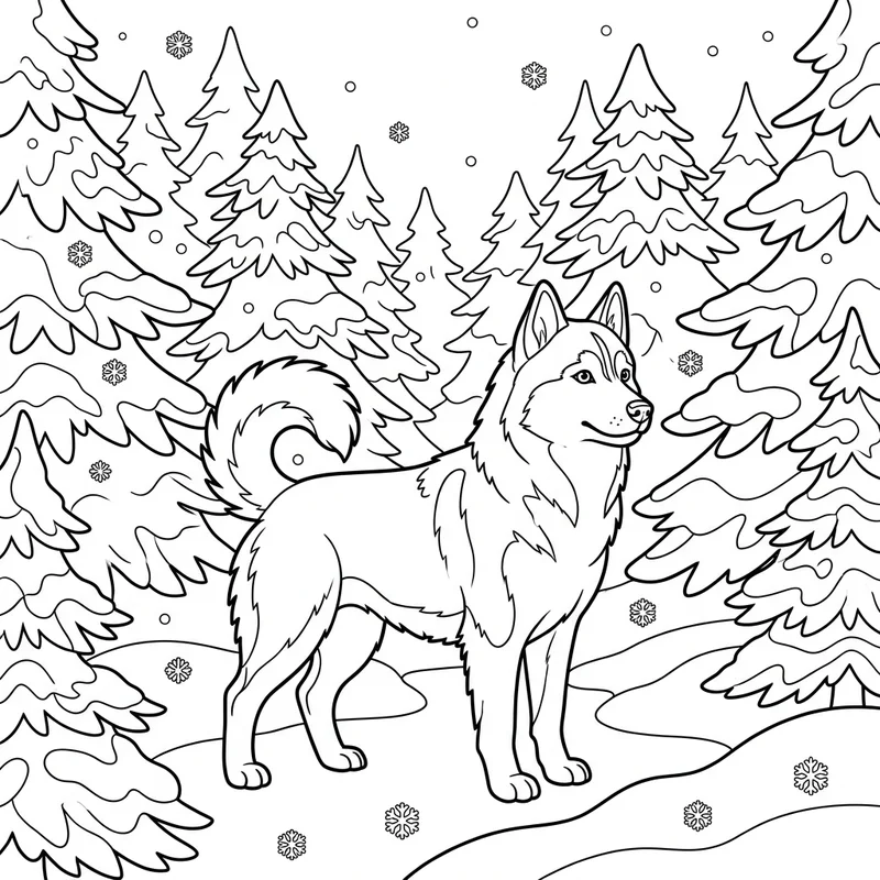 Majestätischer Husky im verschneiten Tannenwald – Husky Ausmalbild kostenlos
