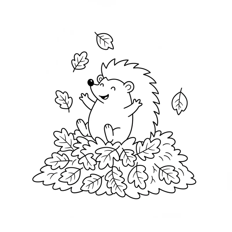 Fröhlicher Igel im Laubhaufen zum Ausmalen