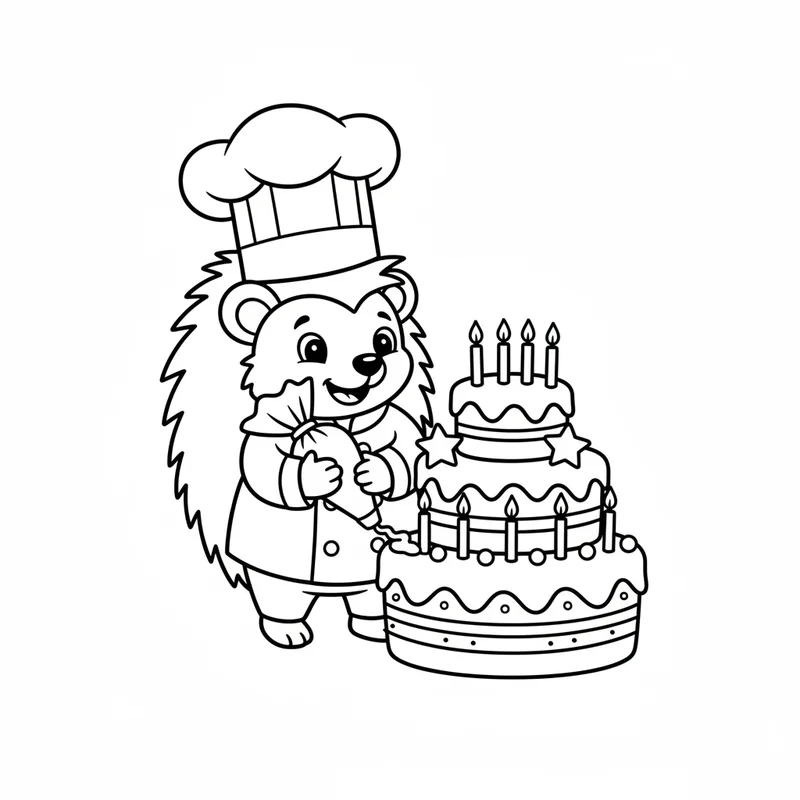 Igel-Koch mit Geburtstagstorte zum Ausmalen