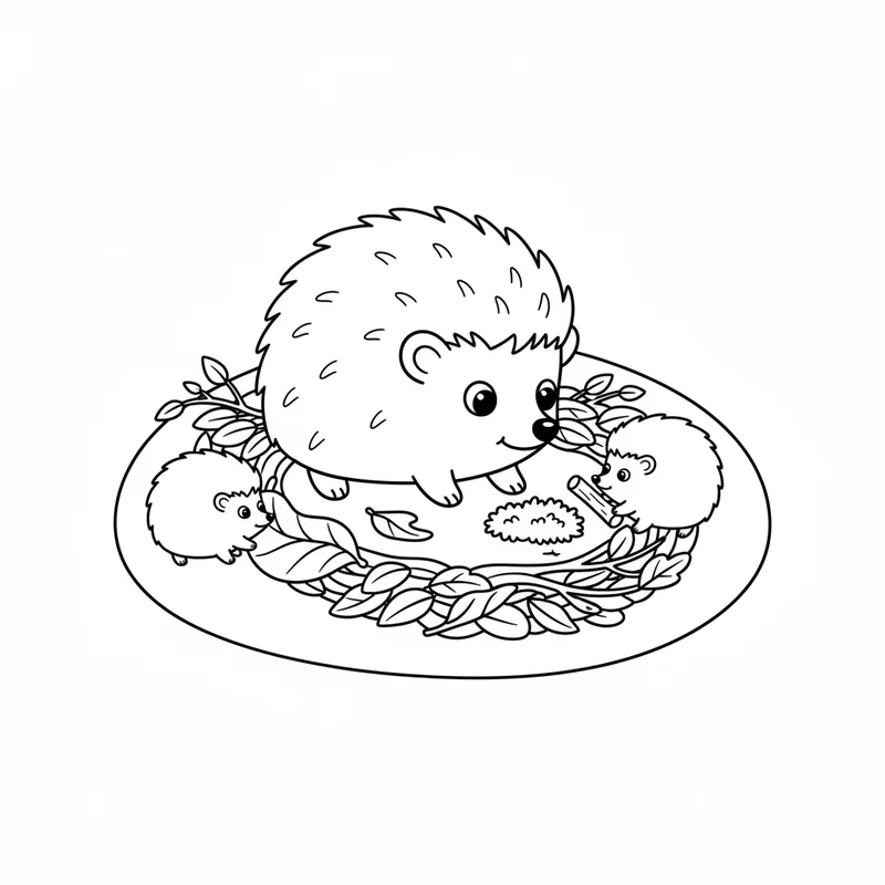 Igelfamilie im Winternest zum Ausmalen