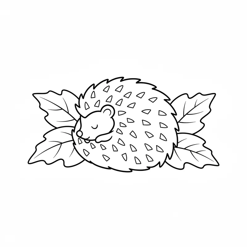 Schlafender Igel mit Herbstblättern zum Ausmalen