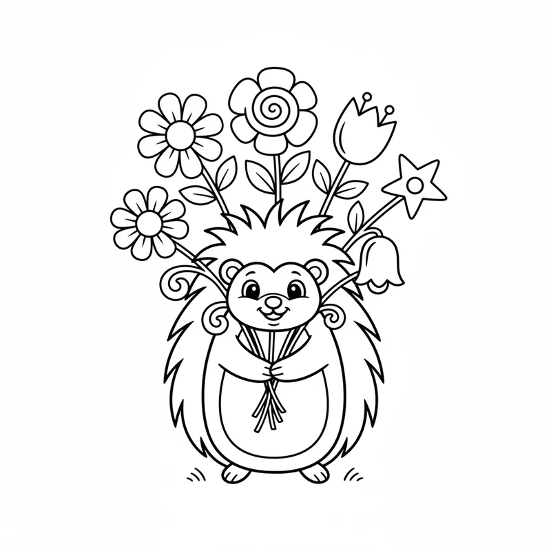 Süßer Igel mit Blumenstrauß zum Ausmalen