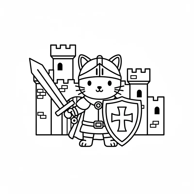 Der kleine Katzenritter vor der Burg zum Ausmalen