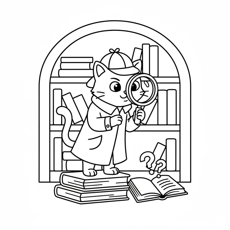 Detektiv-Katze im Bücherregal zum Ausmalen