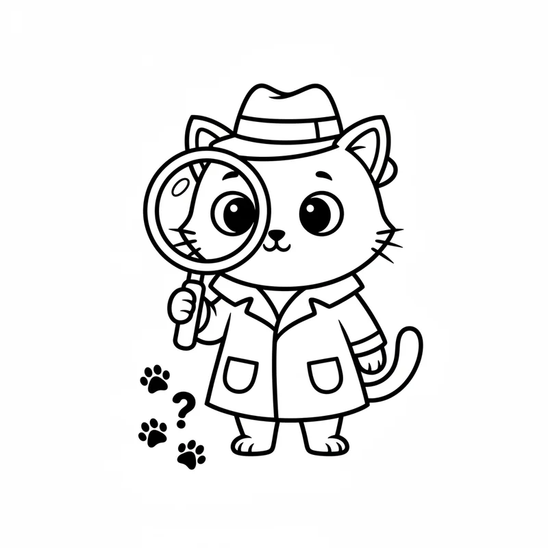 Detektivkatze mit Lupe zum Ausmalen