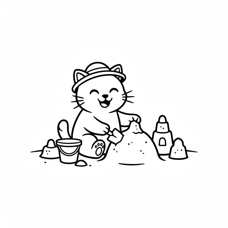 Kätzchen baut Sandburgen zum Ausmalen