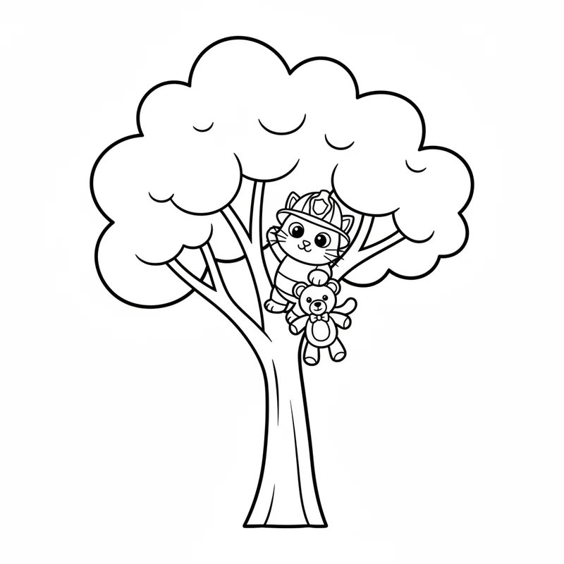 Kätzchen im Baum mit Feuerwehrhelm zum Ausmalen
