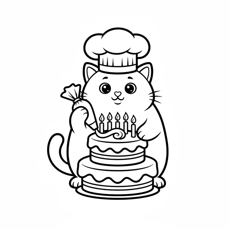 Kätzchen mit Kochmütze und Torte zum Ausmalen