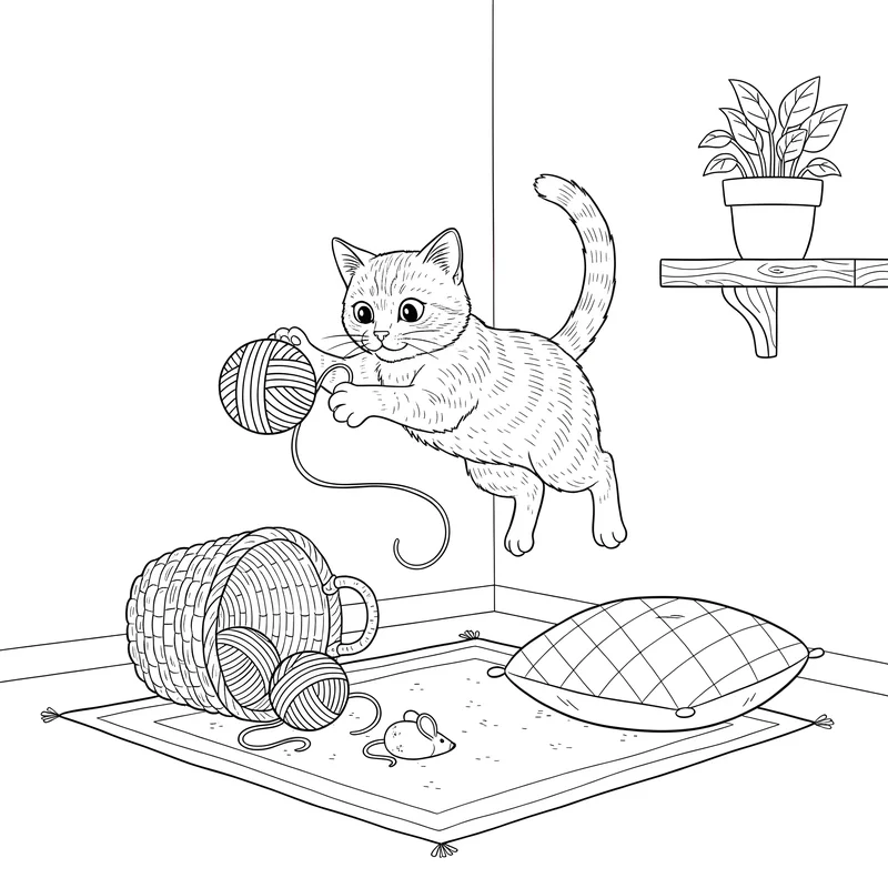 Katze springt nach Wollknäuel mit umgekipptem Korb zum Ausmalen