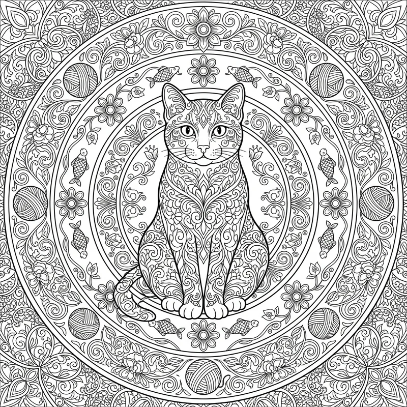 Katze im Blumenmandala – Katzen Ausmalbild kostenlos