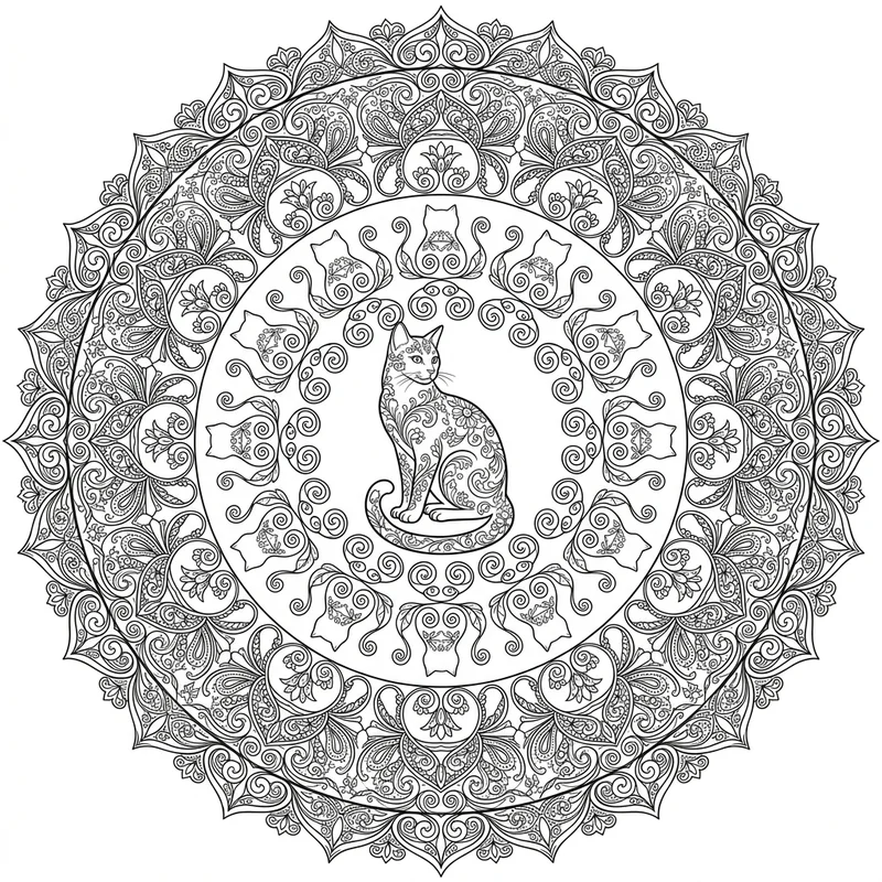Katze mit Ornament-Mandala – Katzen Ausmalbild kostenlos