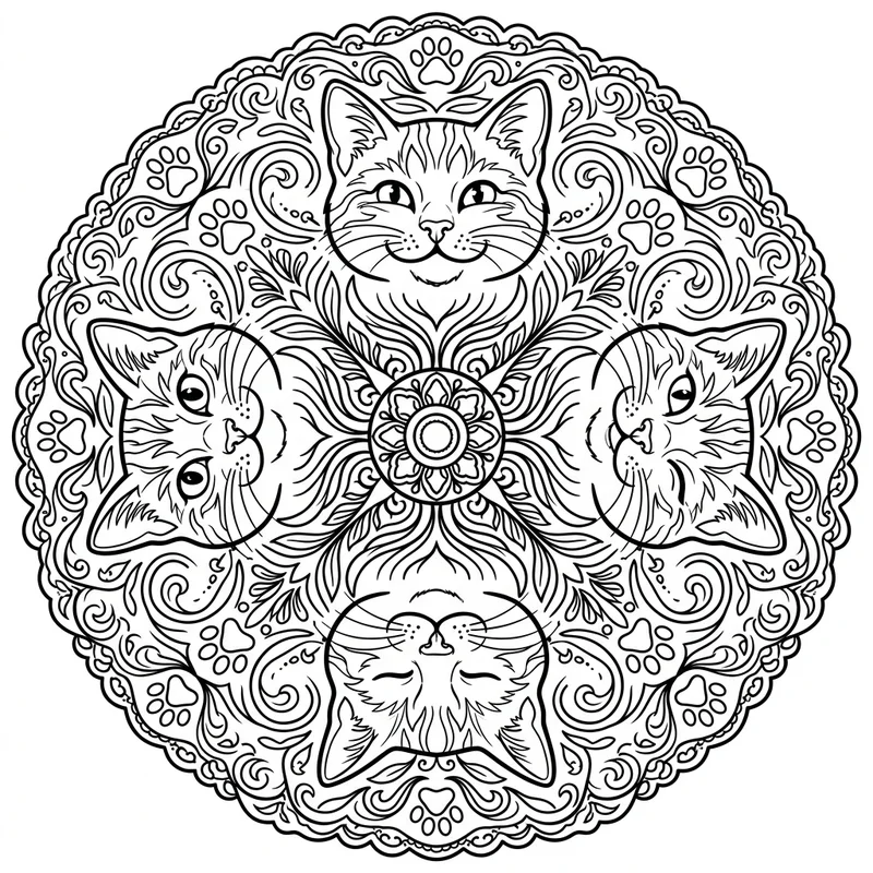 Katzen-Mandala kreisförmig – Katzen Ausmalbild kostenlos