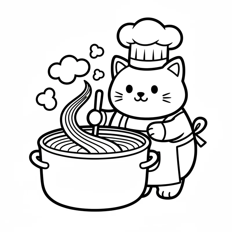 Kochkatze mit Kochtopf zum Ausmalen