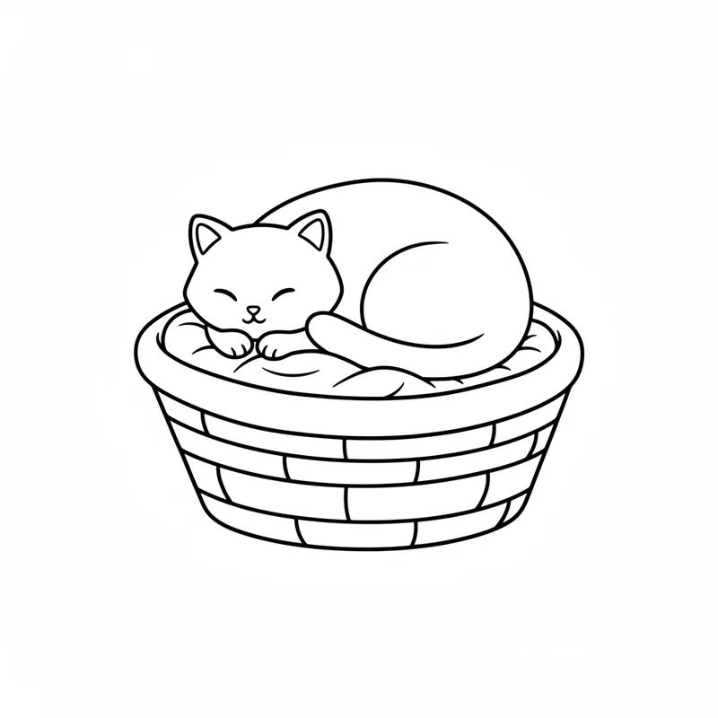 Schlafendes Kätzchen im Korb zum Ausmalen