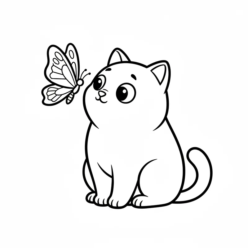 Sitzende Katze und Schmetterling zum Ausmalen
