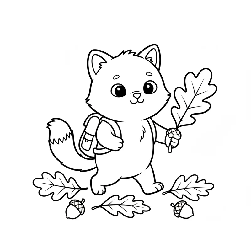 Kleine Katze mit Eichenlaub zum Ausmalen