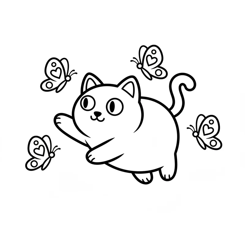 Rundes Kätzchen mit Schmetterlingen zum Ausmalen