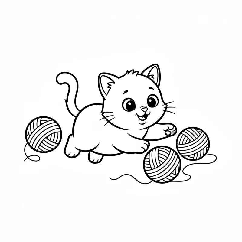 Süßes Kätzchen mit Wollknäueln zum Ausmalen
