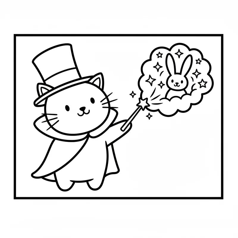 Zauberkatze: mit Hut und Kaninchen zum Ausmalen