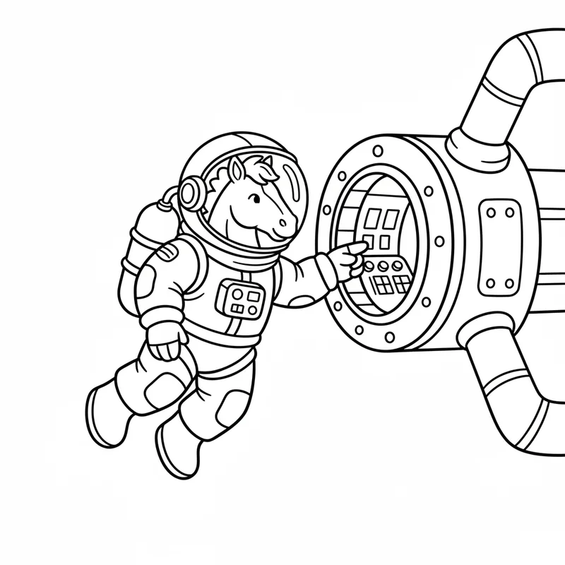 Astronautenpferd auf der Raumstation zum Ausmalen