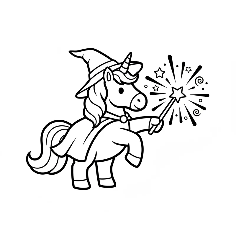 Fröhliches Einhorn mit Zauberhut zum Ausmalen