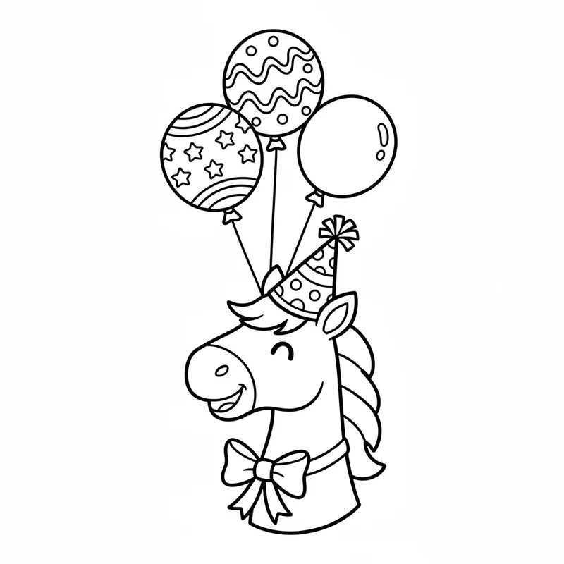 Fröhlicher Pferdekopf mit Partyhut zum Ausmalen