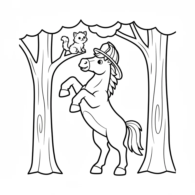 Pferd im Feuerwehrhelm mit Kätzchen zum Ausmalen